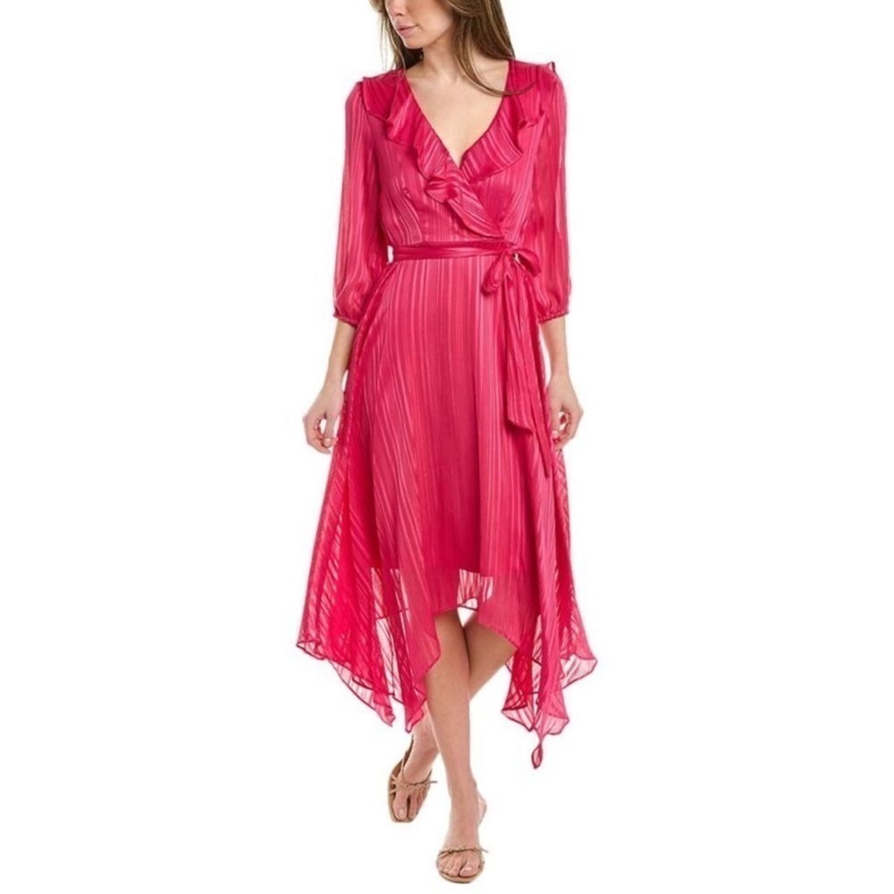 Maison Tara Ruffled Neckline Fuchsia Faux Wrap Handkerchief Hem Midi Dress sz 8